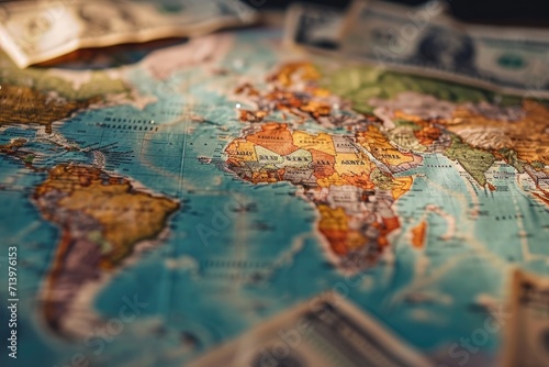 Financial Atlas: Journey through the Global Financial Landscape with a World Map Featuring Notes, Markets, Capital, and Investments, Reflecting the Intricacies of the Contemporary Economic System.



