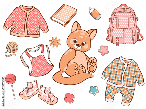 vector set of cute little cartoon baby fox, doll clothes.