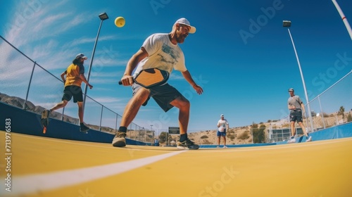 Intense pickleball match captured from a low-angle perspective.