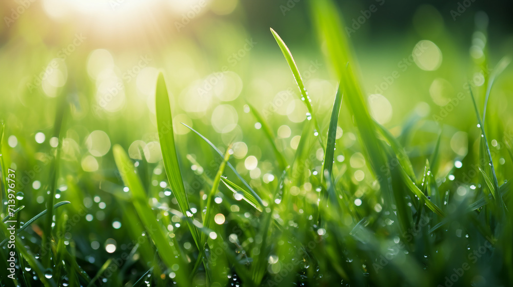 Macro Image of Fresh Green Grass with Morning Dew in Serene Forest - Beautiful Summer Nature Background with Isolated Copy-Space for Promotional Content. Macro Image of Fresh Green Grass with Morning Dew in Serene Forest - Beautiful Summer Nature Background with Isolated Copy-Space for Promotional Content.