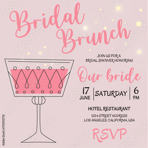 Brunch and bridal. Bridal shower invitation with glass of champagne on pink background. Bachelorette party invitation template with pink glasses. Vector illustration. Bubble brunch.