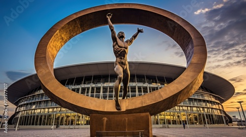 Harmony of Athletics: Statue of Athlete Embraces Olympic Circle Against Modern Olympic Stadium. photo