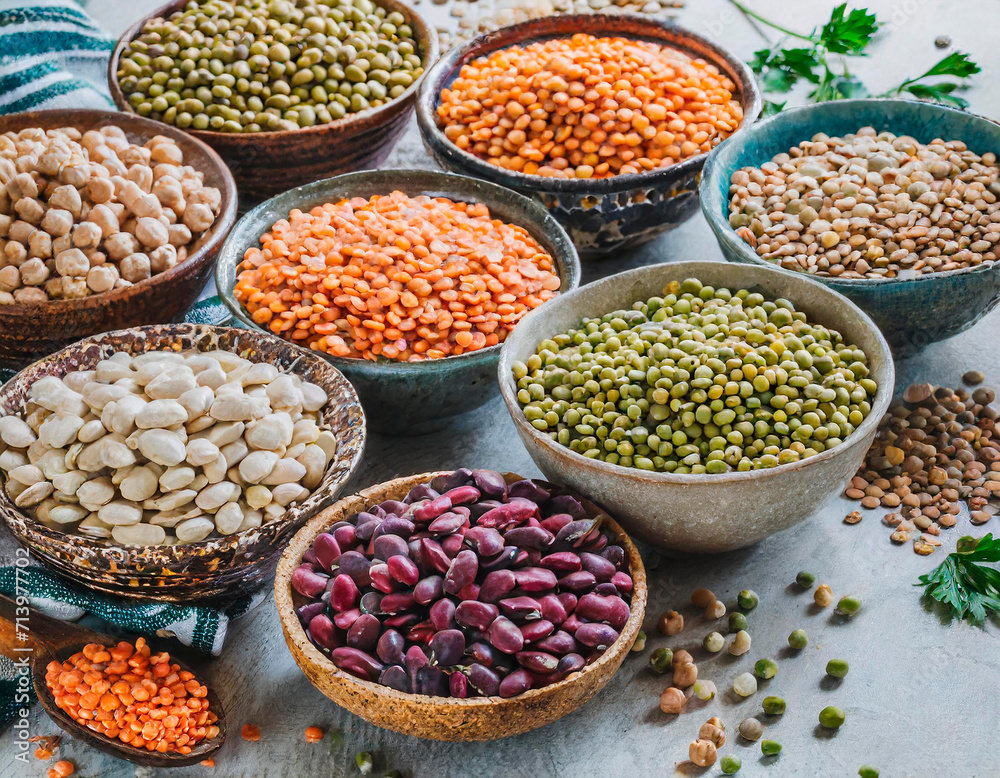 Top view of various bowls of legumes of various types and colors on a dark wooden kitchen table. Healthy food concept and detox or vegan menu. World Pulses Day. Top view of various bowls of legumes of various types and colors on a dark wooden kitchen table. Healthy food concept and detox or vegan menu. World Pulses Day.