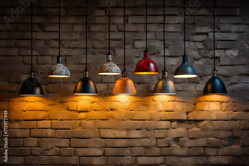 Rustic interior with vintage brick wall dimly lit bar and industrial elements, Empty concrete wall, Many pendant lamps against red brick wall, Product Presentation, Brick wall, Generative AI