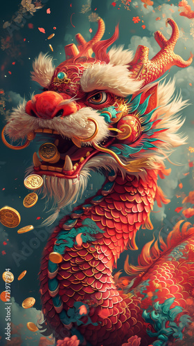 Cheerful Chinese Lion Dance with Coins Illustration. A cheerful Chinese lion dance illustration, surrounded by floating coins for good fortune.