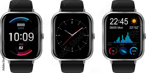 Smartwatch collection, realistic wrist watches isolated on white.