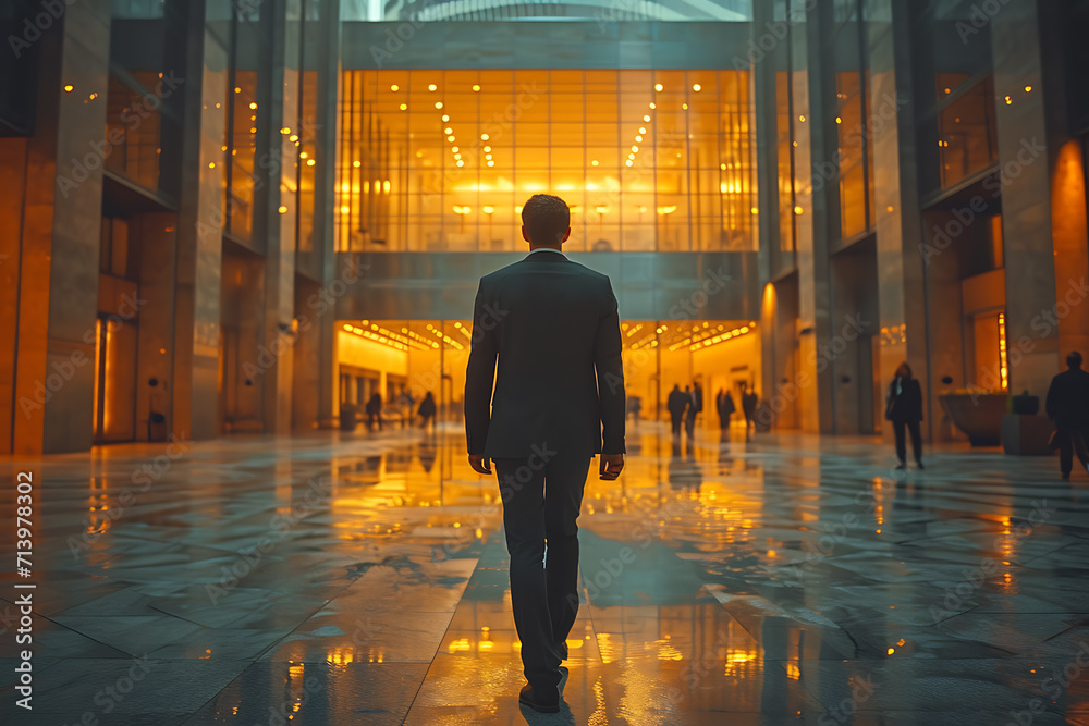 a businessman walks in the lobby of a skyscraper
