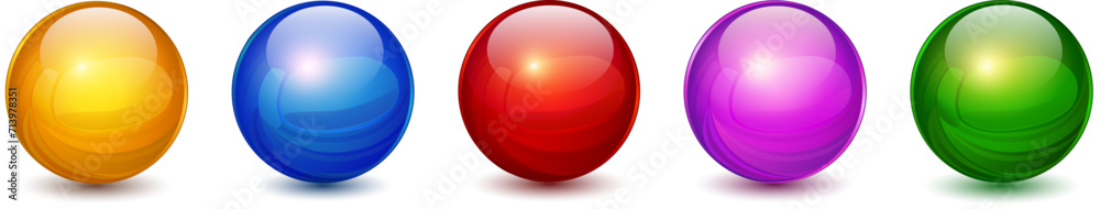 Colored spheres set, glossy 3D colorful glass balls collection.