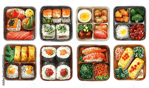 watercolor stickers japanese bento lunch box white background
