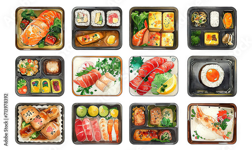 watercolor stickers japanese bento lunch box white background © Alessandro