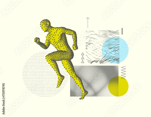 Art composition. Leadership, freedom or development concept. Running man or marathon runner. 3D human body model. Stipple effect. Vector design for sports club, fitness, competition or marathon. 