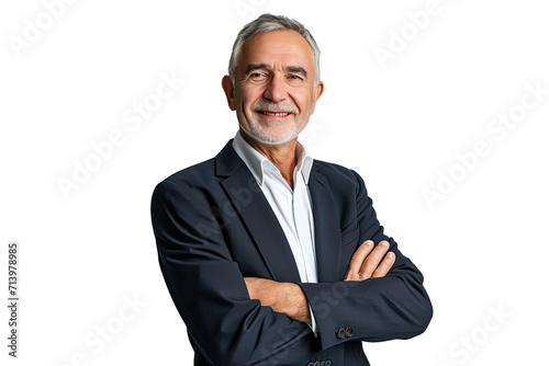 Portrait studio shot of an attractive, healthy senior man smiling relaxedly isolated on transparent png background.	