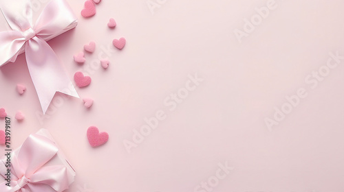 Captivating Valentine's Day Decor: Top View Photo of White Gift Boxes, Pink Bows, and Silk Ribbon on Pastel Pink Background with Open Envelope and Blank Space