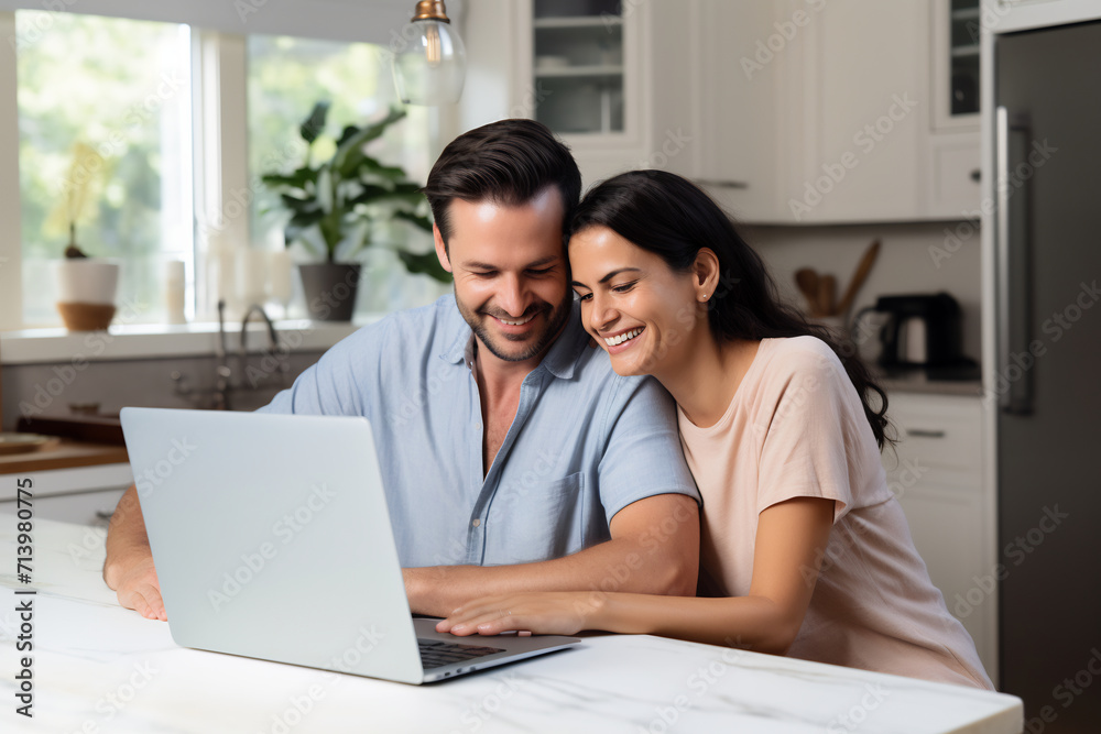 Happy young married couple looking at laptop together at cozy home office Happy young married couple looking at laptop together at cozy home office