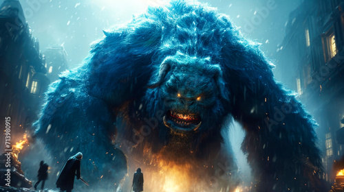 An imposing blue monster roars fiercely, causing chaos in a snow-blanketed urban night setting, with onlookers in the foreground.
 photo