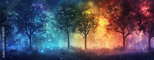 a colorful painting of trees with stars and lights, in the style of misty gothic, impressive panoramas, nightcore, animated gifs, smokey background.