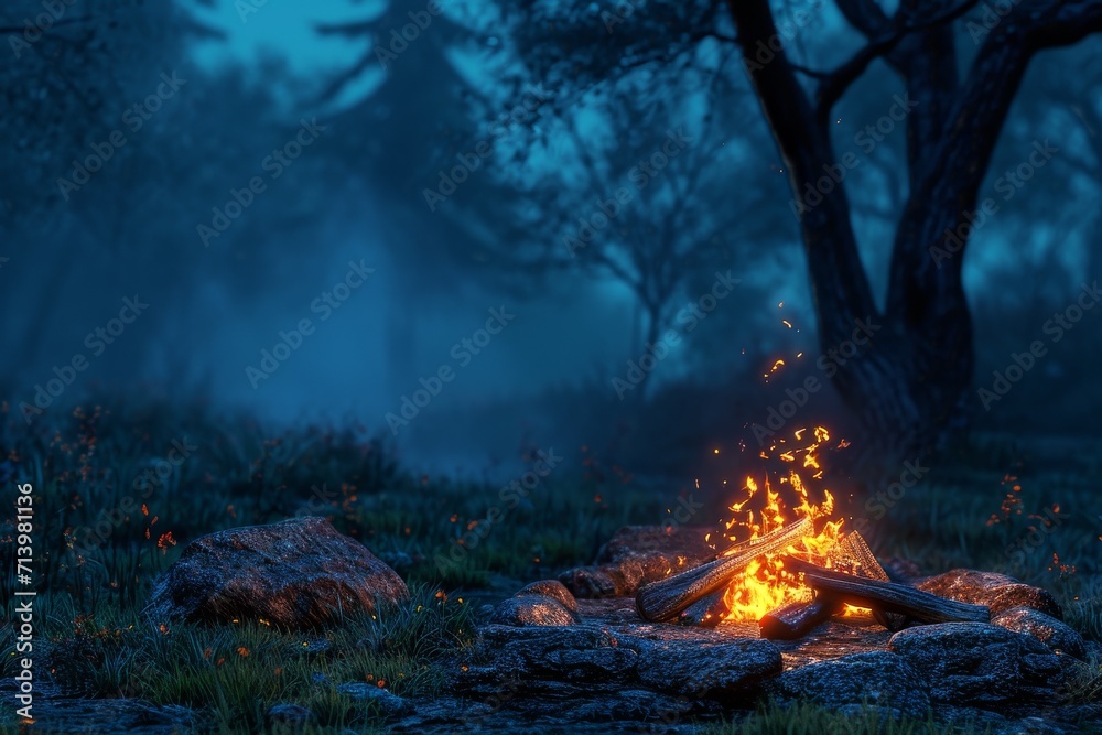 campfire is the focal point, it’s surrounded by rocks and emits a warm glow amidst the darkness campfire is the focal point, it’s surrounded by rocks and emits a warm glow amidst the darkness