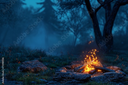 campfire is the focal point, it’s surrounded by rocks and emits a warm glow amidst the darkness