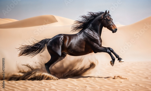A horse gallops through the desert sand  kicking up dust. Its mane and tail flow in the wind