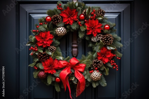 close up of a beautiful lush large christmas wreath on a white front door. ai generated © Andrei