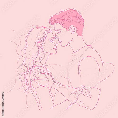  happy valentines day,pink line art couple hugging each other, pink background