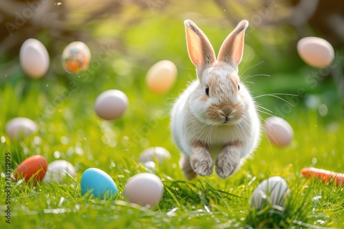 Frolic in color! A charming glimpse into Easter festivities, featuring a lively bunny hopping through a picturesque meadow adorned with a profusion of vibrant, painted eggs. Generated AI