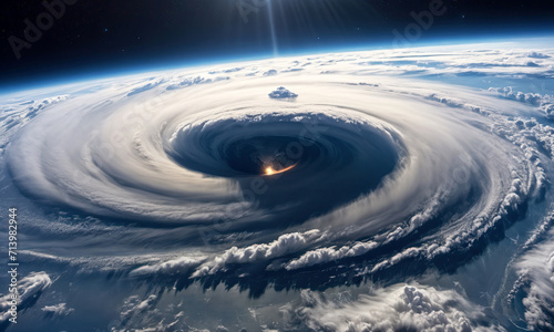 massive hurricane or tornado is seen from space  swirling over the earth s surface