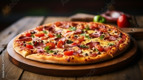pepperoni pizza on wooden board, Tasty vegetarian pizza with cherry tomatoes, mozzarella cheese and fresh oregano. Close up, mozzarella cheese and copy space for your text, Generative Ai