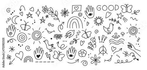 Set of cute pen line doodle element vector. Hand drawn doodle style collection of speech bubble, arrow, firework, star, heart.