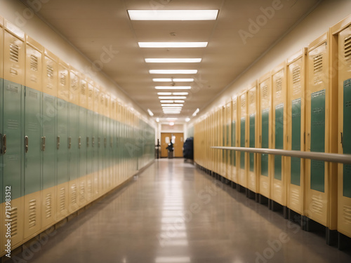 High school hallway with lockers. Education, classroom entrance design.