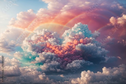 A lovely, dreamy landscape of a rainbow-colored cloud formation in the shape of a heart, ideal for a Valentine's Day celebration
