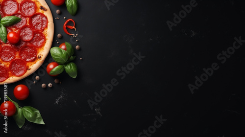 Tasty pepperoni pizza with mushrooms and olives, Traditional italian pizza on dark table, background. Top view of hot pepperoni pizza. Banner, Pizza, Generative Ai