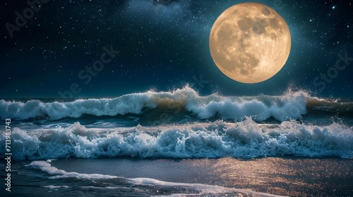Waves on the ocean, moon in the sky, Ocean waves under the moonlight.