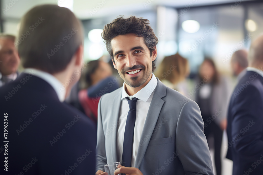 Charismatic Businessman Sharing a Laugh with Colleagues in a Modern Corporate Environment, Networking and Morale in the Workplace Concept Charismatic Businessman Sharing a Laugh with Colleagues in a Modern Corporate Environment, Networking and Morale in the Workplace Concept