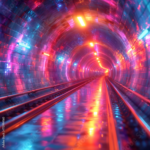 colorful tunnel with digital speed lights flashing, in the style of multidimensional, scattered composition, colorful absurdism 