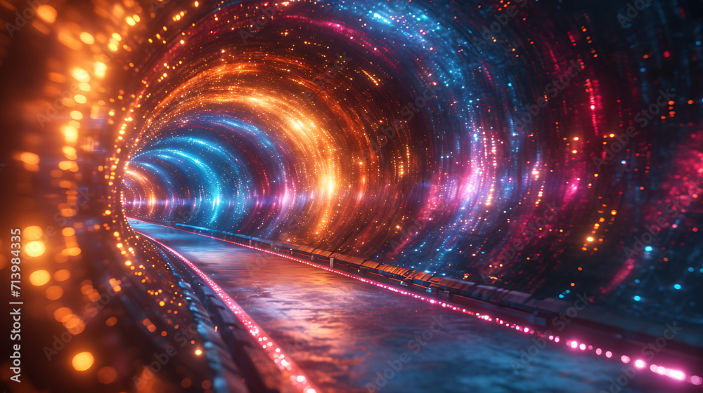 colorful tunnel with digital speed lights flashing, in the style of multidimensional, scattered composition, colorful absurdism 