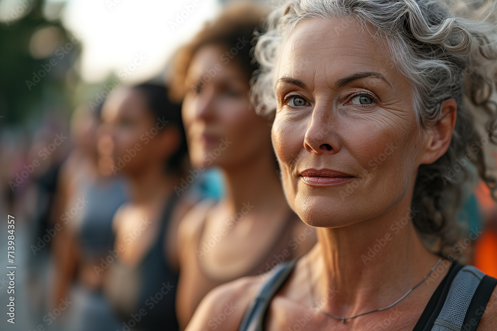 Portrait of a middle aged woman running in the wilderness with sun through the nature and leaves. Yoga Instructor And Class. Group of women practicing pilates in a health club.