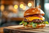 Commercial food photography, gourmet cheeseburger on a wooden board against blurred background
