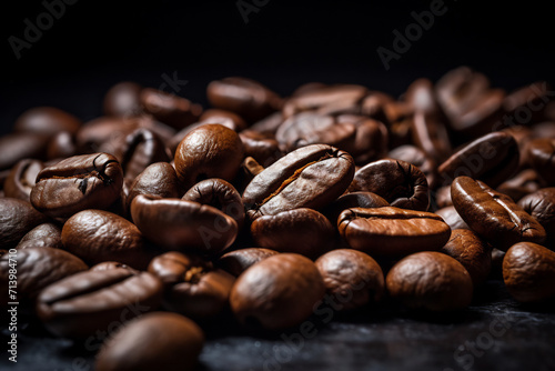 Close-Up of Roasted Coffee Beans with a Deep Brown Hue and Textured Detail, Gourmet Coffee and Aroma Concept