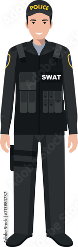 Standing SWAT Policeman Officer in Traditional Uniform Character Icon in Flat Style. Vector Illustration.