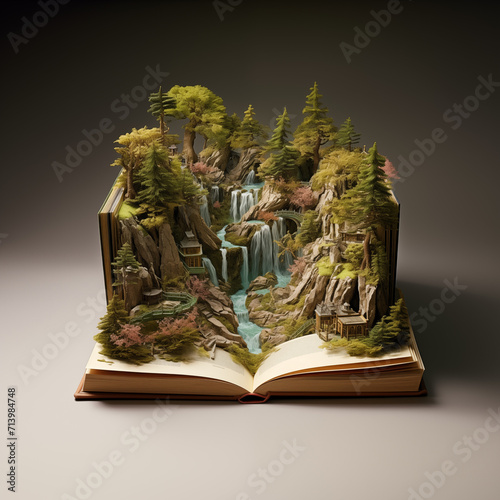miniature fantasy landscapes inside open books