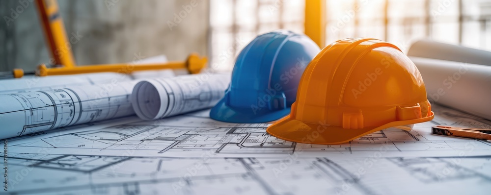 Modern architecture, blueprint with safety helmets and tools Modern architecture, blueprint with safety helmets and tools