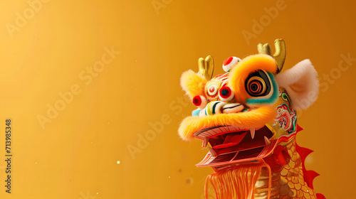 Chinese New Year seasonal social media background design with blank space for text. Cute dancing dragon doll on yellow background.