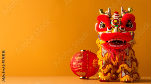 Chinese New Year seasonal social media background design with blank space for text. Cute dancing dragon doll with red Chinese lantern on yellow background.