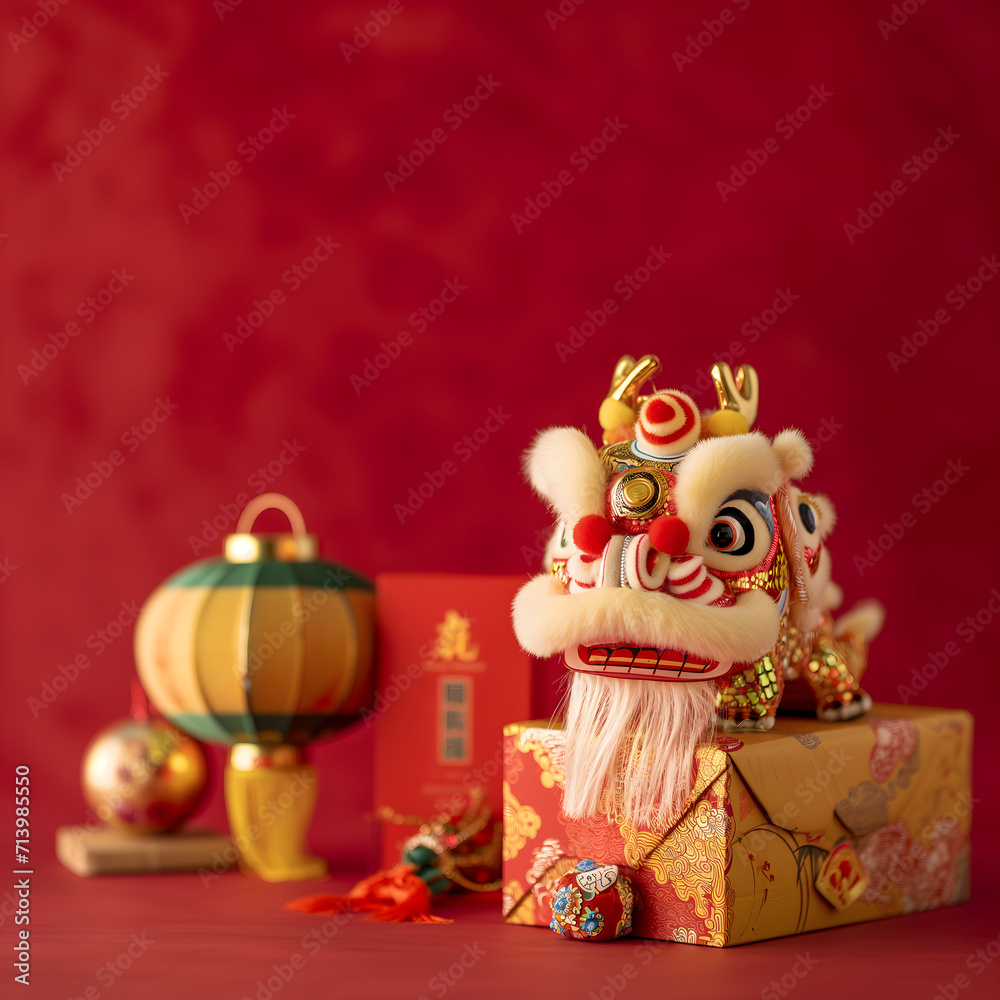 Chinese New Year seasonal social media background design with blank space for text. Cute dancing dragon doll with gift box on blurred Chinese red lanterns and red background.