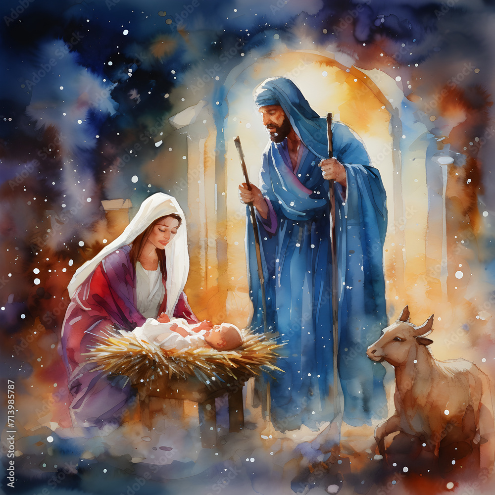 Watercolor Nativity Scene of the Birth of Jesus Christ