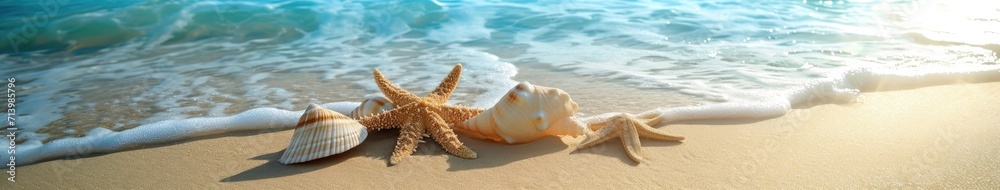 Three Seashells on Sandy Beach by the Ocean Three Seashells on Sandy Beach by the Ocean