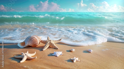 Seashells and Starfish on a Sandy Beach