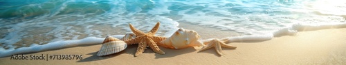 Three Seashells on Sandy Beach by the Ocean