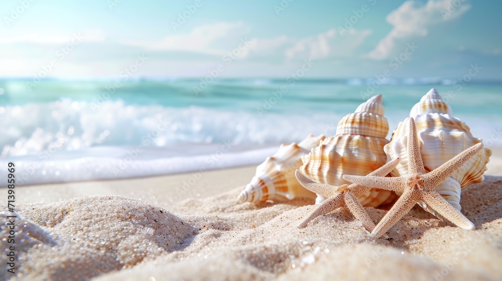 Starfish and Two Seashells on Sandy Beach Starfish and Two Seashells on Sandy Beach